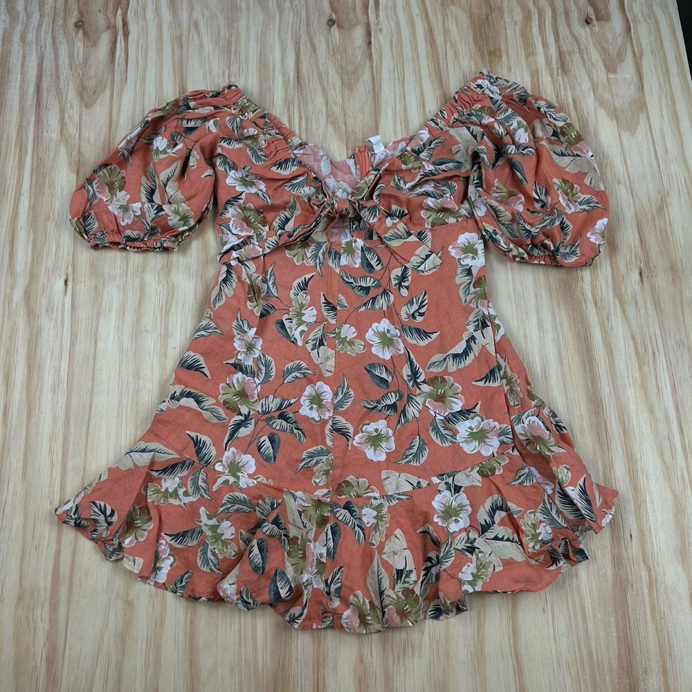 Kivari Bonny Tie Bust Mini Dress Tropical Print Linen puff sleeve US 12 Resort
